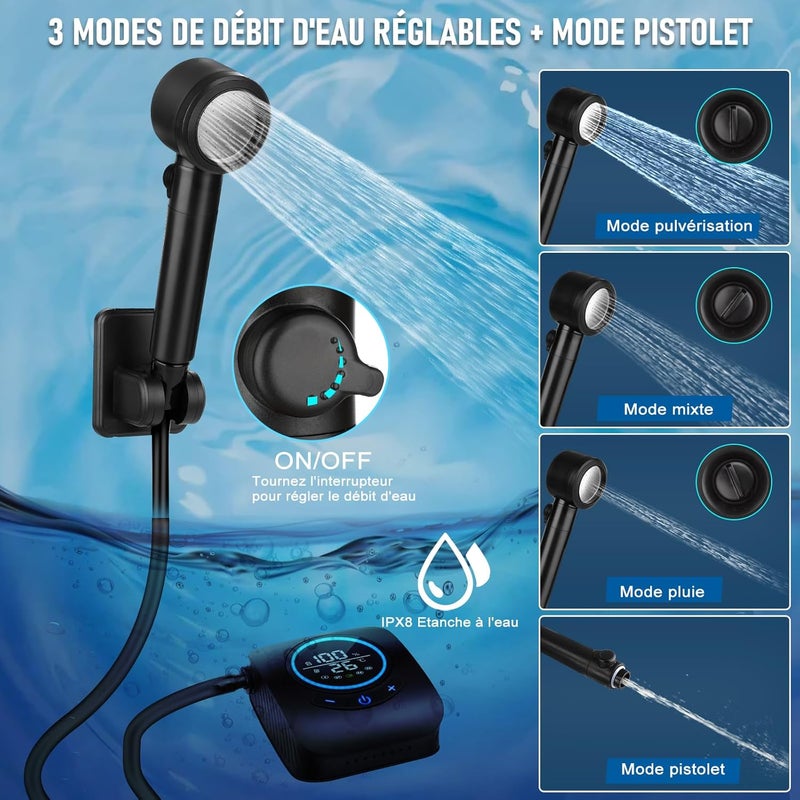 Spopal Portable Shower for Camping, [Upgraded] 8000mAh Rechargeable Camping Shower with 5 Adjustable Speeds, 4 Spray Modes, LED Display, IPX8 Waterproof Outdoor Shower Kit for Hiking, Travel, Car, Pet - Image 4